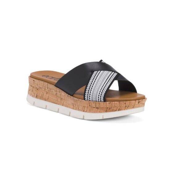 EARTH Black Leather Finale Casual Slip On Wedge Comfort Sandals - Picture 1 of 2